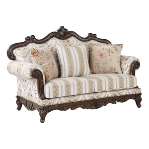 acme nayla floral upholstered rolled arms loveseat with 3 pillows walnut