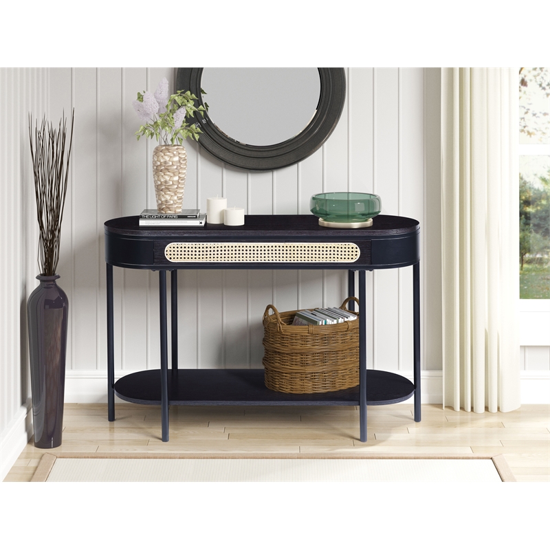 ACME Colson Oval Wood Top Sofa Table with Bottom Shelf in Black