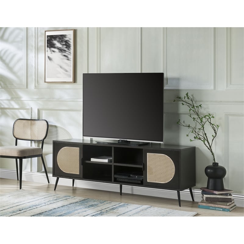 ACME Colson 2-door Wooden Rectangular TV Stand with Rattan Insert in Black
