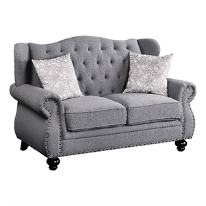 acme hannes loveseat with 2 pillows in gray fabric