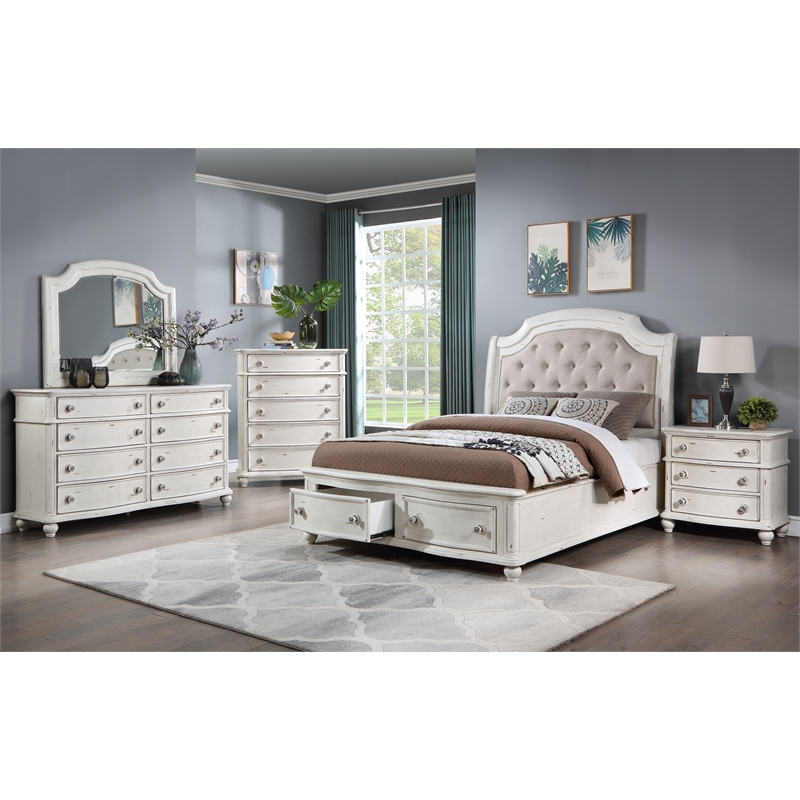 ACME Jaqueline Eastern King Bed in Light Gray Linen and Antique White