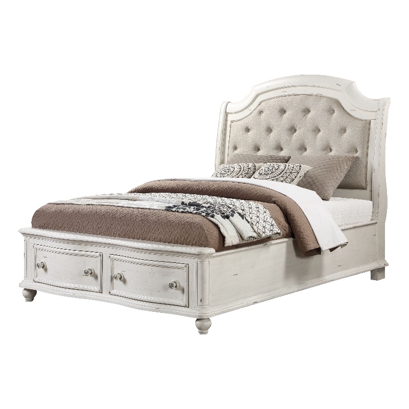 ACME Jaqueline Eastern King Bed in Light Gray Linen and Antique White