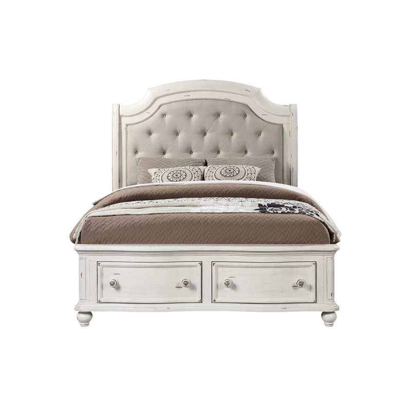 ACME Jaqueline Queen Bed  in Light Gray Linen and Antique White