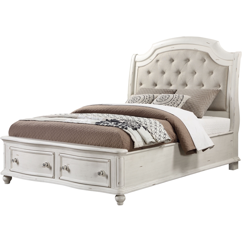 ACME Jaqueline Queen Bed  in Light Gray Linen and Antique White