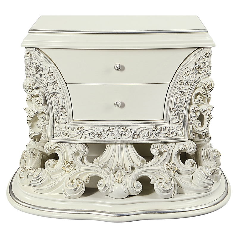 ACME Adara 2 Drawers Wooden Nightstand with Floral Motifs in Antique White