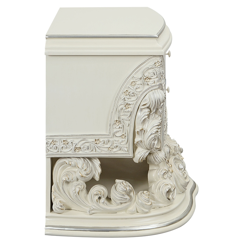 ACME Adara 2 Drawers Wooden Nightstand with Floral Motifs in Antique White