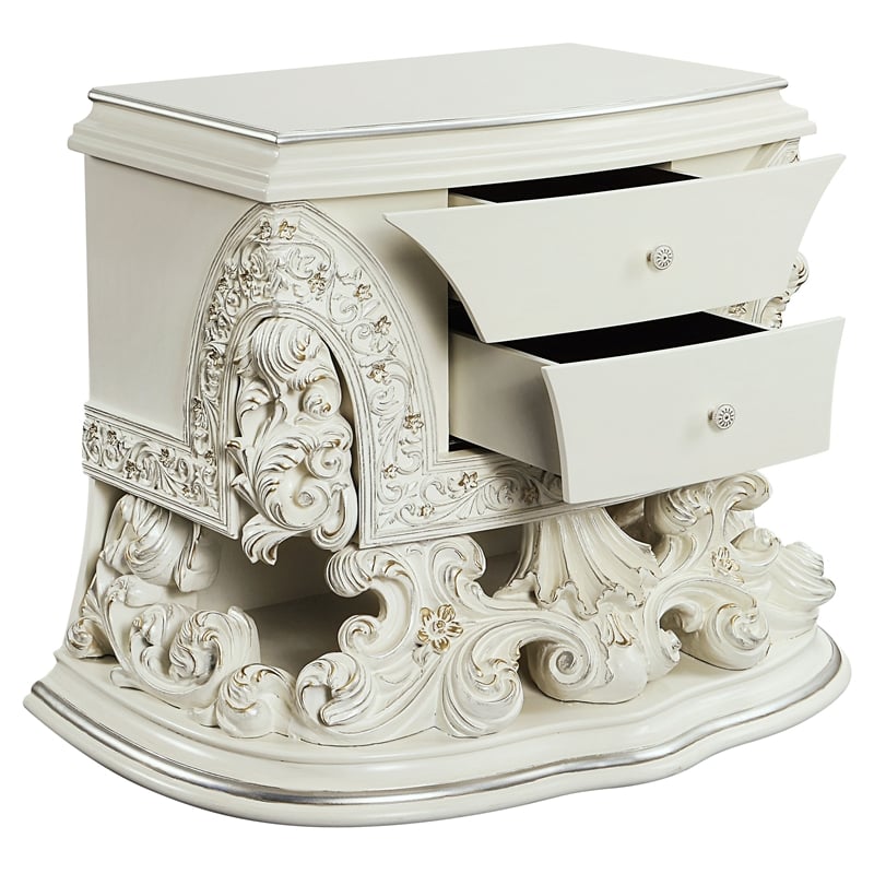 ACME Adara 2 Drawers Wooden Nightstand with Floral Motifs in Antique White