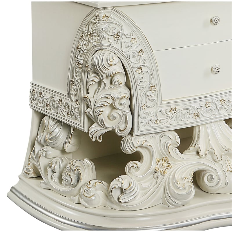 ACME Adara 2 Drawers Wooden Nightstand with Floral Motifs in Antique White