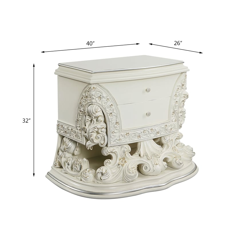 ACME Adara 2 Drawers Wooden Nightstand with Floral Motifs in Antique White