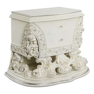 ACME Adara 2 Drawers Wooden Nightstand with Floral Motifs in Antique White