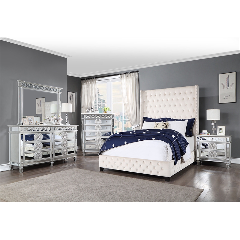 ACME Fabrice Tufted Velvet Queen Bed with Nailhead Trim in Beige