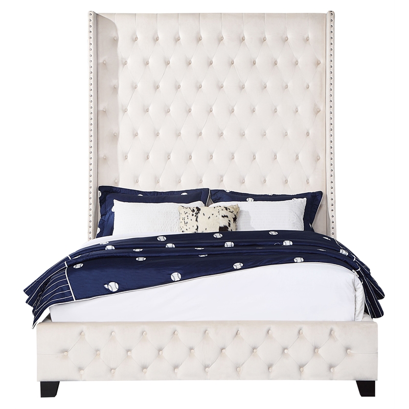 ACME Fabrice Tufted Velvet Queen Bed with Nailhead Trim in Beige