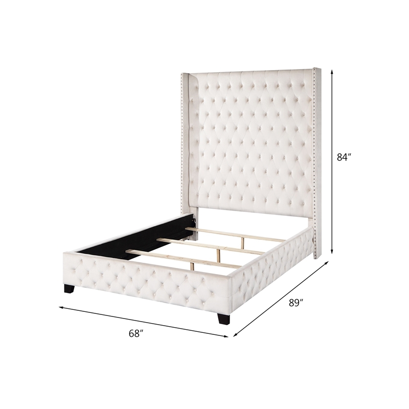 ACME Fabrice Tufted Velvet Queen Bed with Nailhead Trim in Beige
