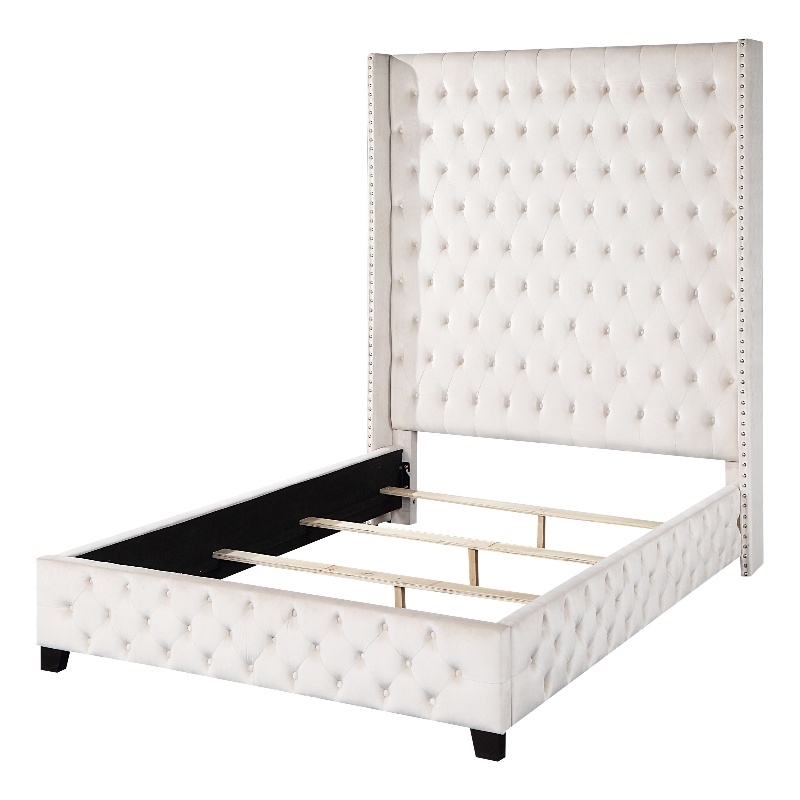 ACME Fabrice Tufted Velvet Queen Bed with Nailhead Trim in Beige