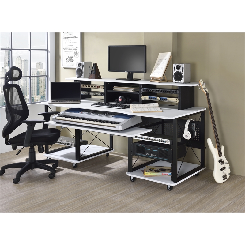 ACME Megara Storage Rectangular Music Desk with Metal Frame in White and Black