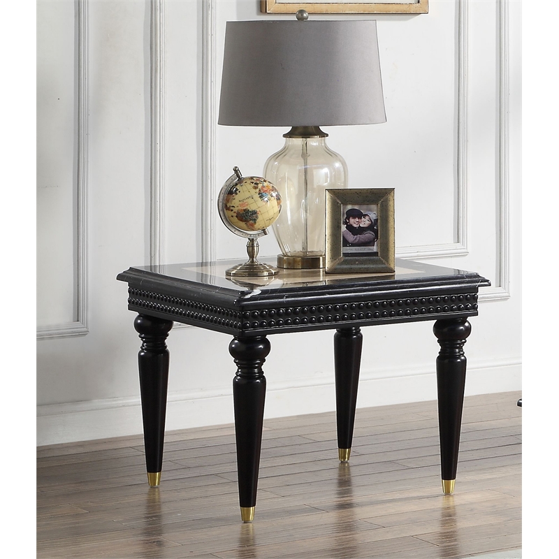 ACME Tayden Marble Top and Wooden Frame End Table in Natural and Black