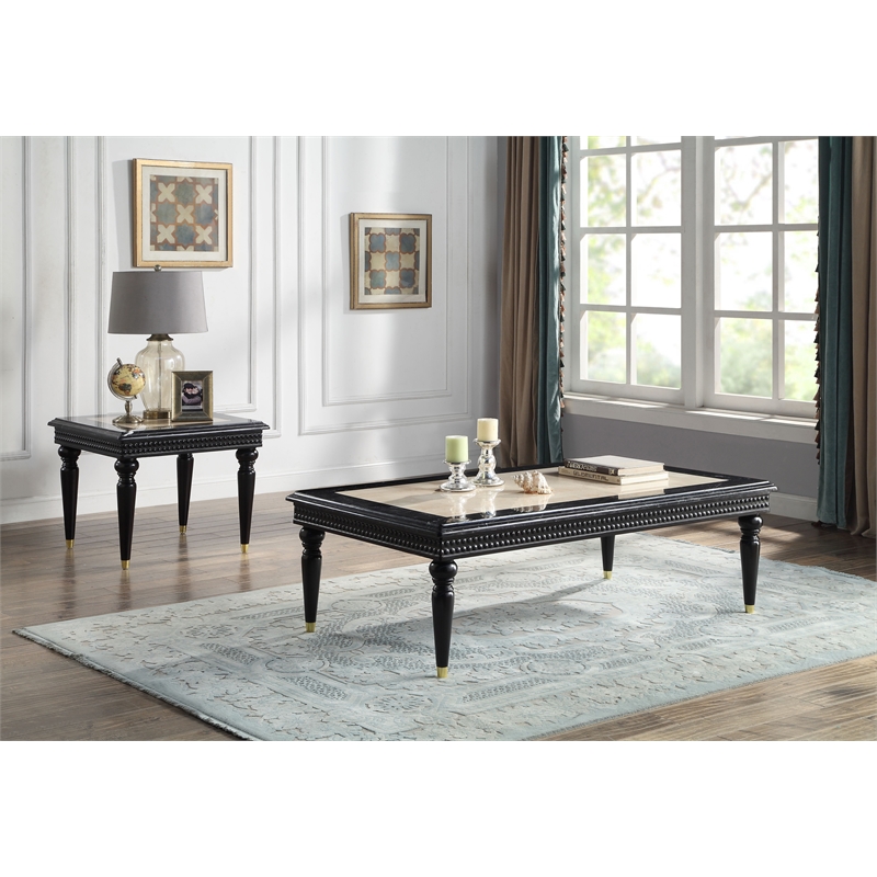 ACME Tayden Marble Top and Wooden Frame End Table in Natural and Black