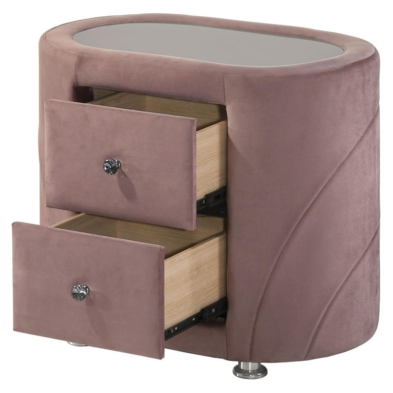 ACME Salonia 2 Drawers Velvet Upholstery Nightstand with Mirror Top in Pink