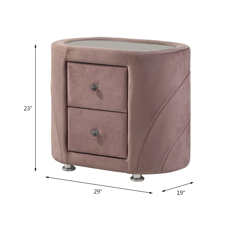 ACME Salonia 2 Drawers Velvet Upholstery Nightstand with Mirror Top in Pink