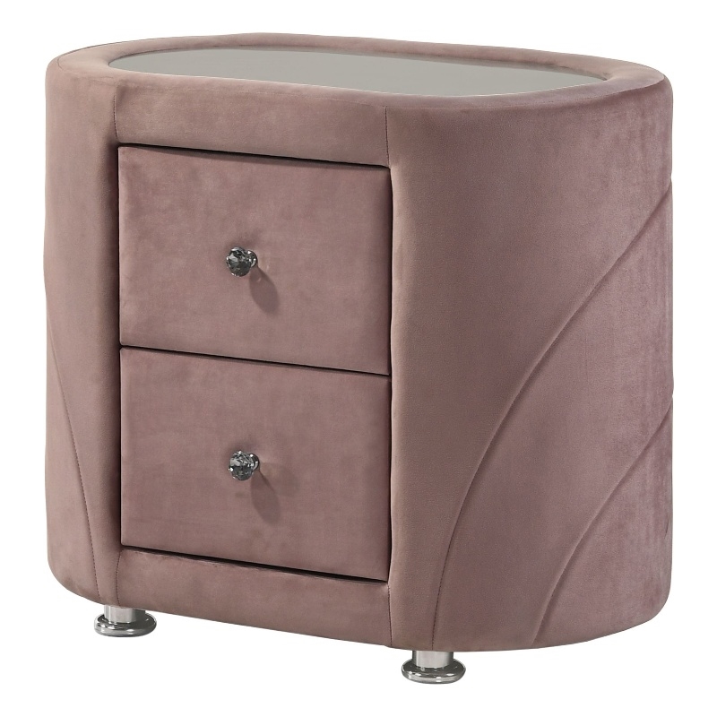 ACME Salonia 2 Drawers Velvet Upholstery Nightstand with Mirror Top in Pink