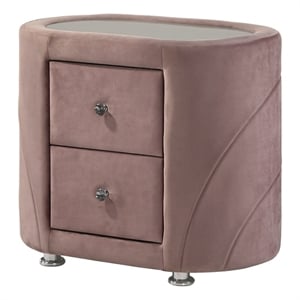acme salonia 2 drawers velvet upholstery nightstand with mirror top in pink