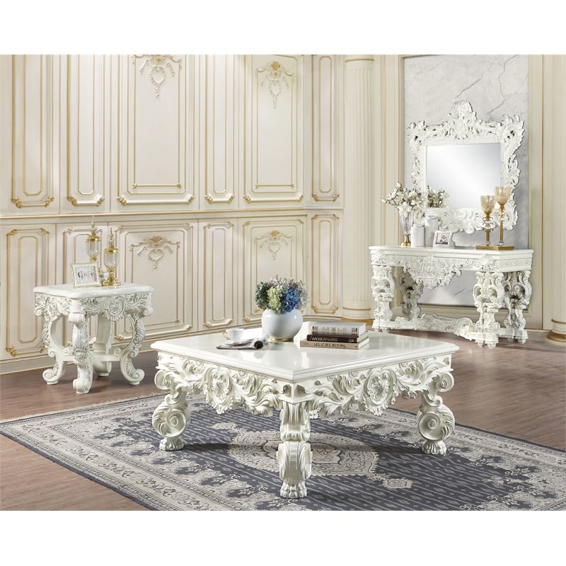 ACME Adara Square Wooden Top End Table with Floral Legs in Antique White