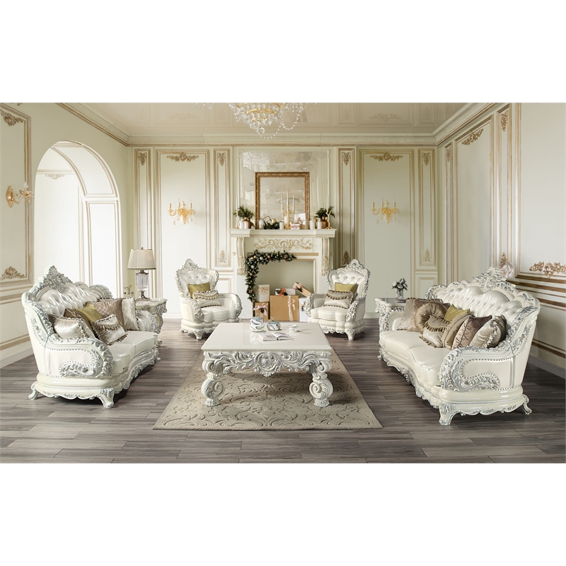 ACME Adara Square Wooden Top End Table with Floral Legs in Antique White