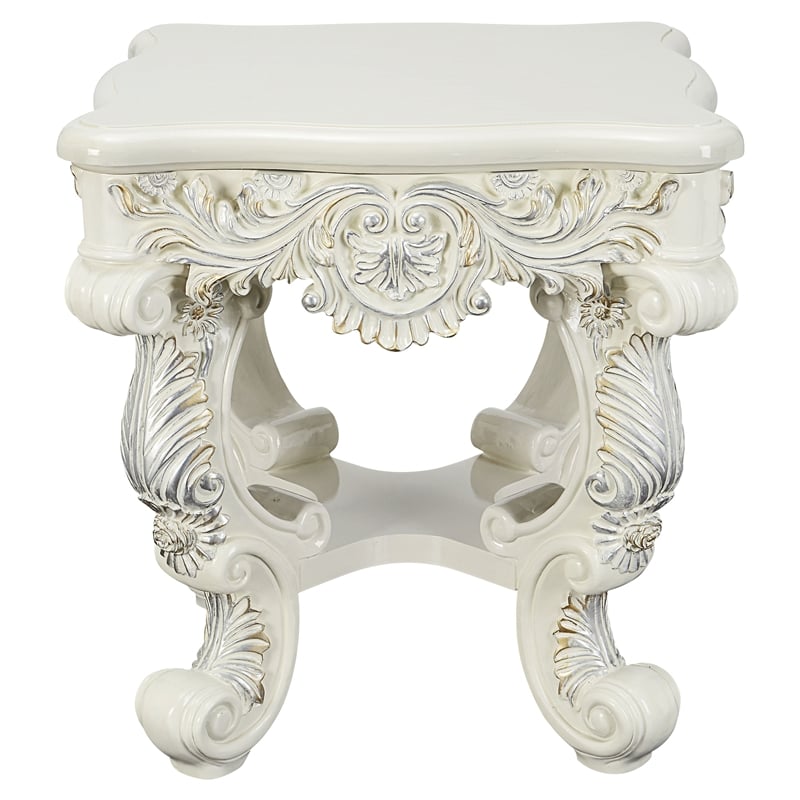 ACME Adara Square Wooden Top End Table with Floral Legs in Antique White
