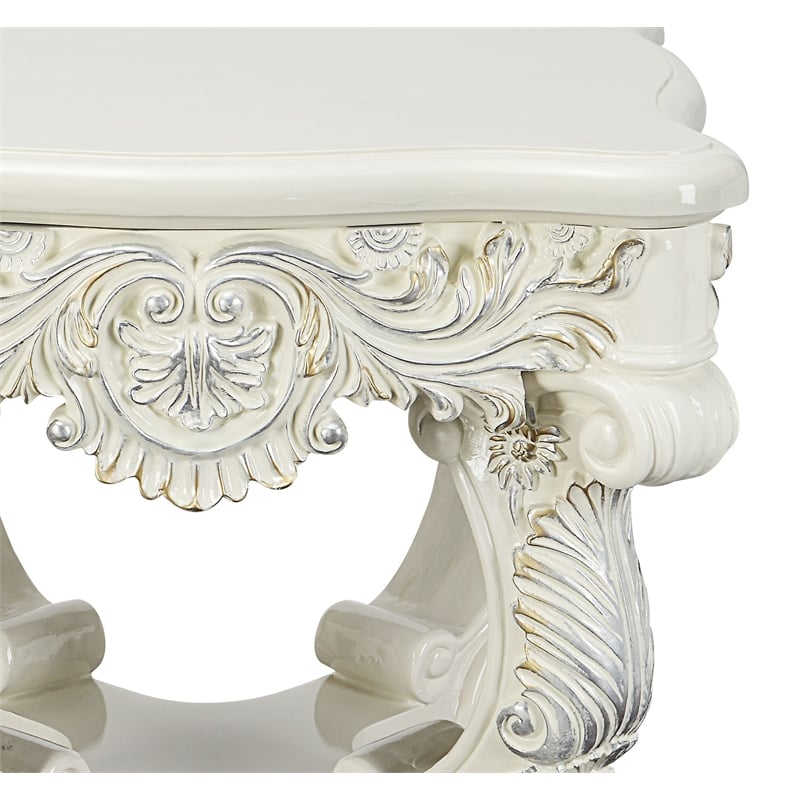 ACME Adara Square Wooden Top End Table with Floral Legs in Antique White
