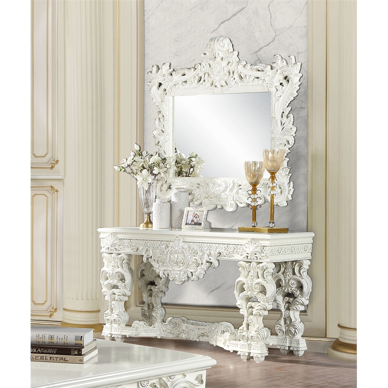 ACME Adara Wooden Top Sofa Table with Floral Legs in Antique White