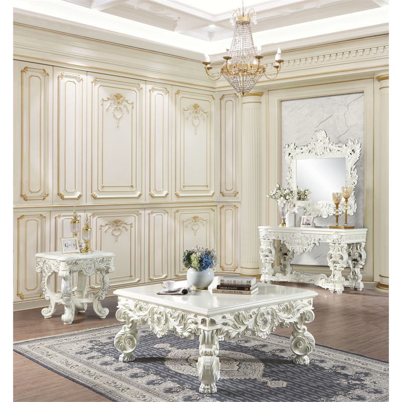 ACME Adara Wooden Top Sofa Table with Floral Legs in Antique White