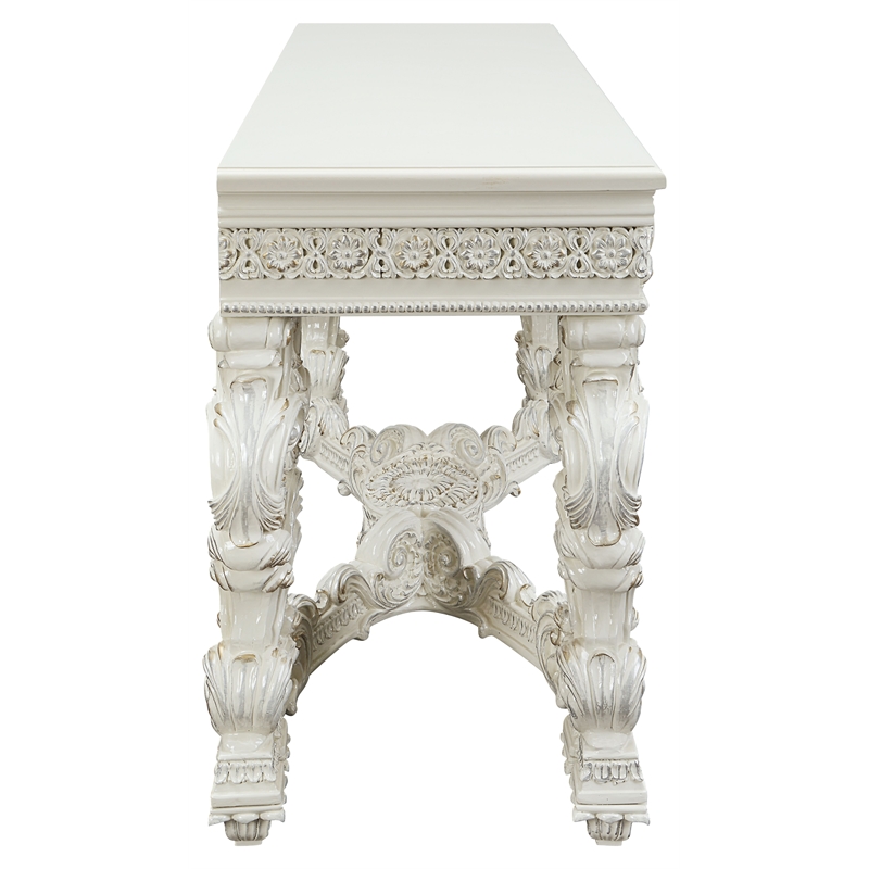 ACME Adara Wooden Top Sofa Table with Floral Legs in Antique White