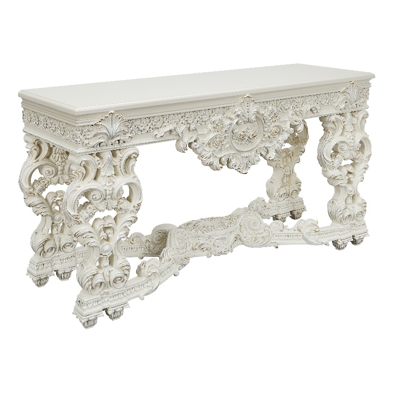 ACME Adara Wooden Top Sofa Table with Floral Legs in Antique White