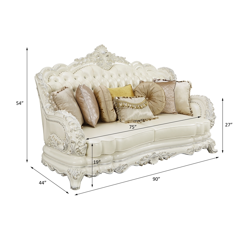 ACME Adara Tufted Faux Leather Sofa with 7 Pillows in White and Antique White