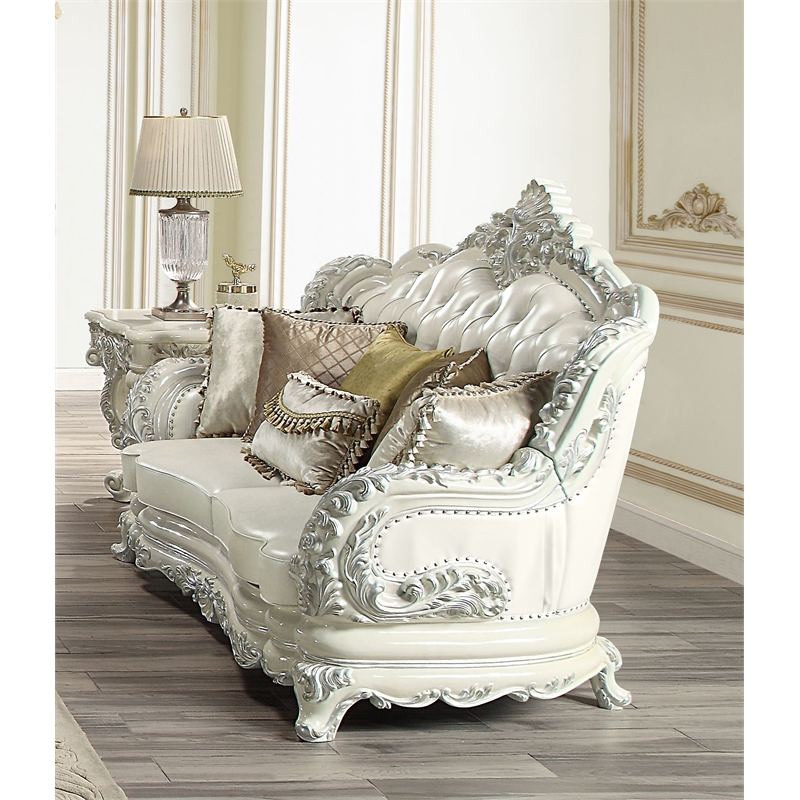 ACME Adara Faux Leather Loveseat with 5 Pillows in White and Antique White