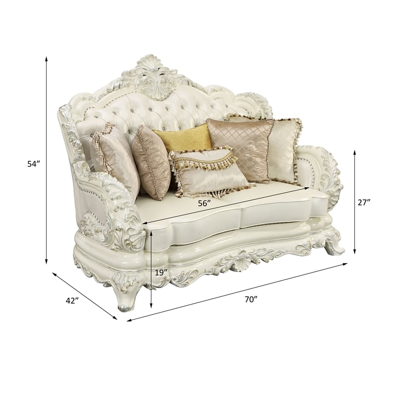 ACME Adara Faux Leather Loveseat with 5 Pillows in White and Antique White