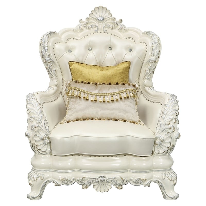 ACME Adara Tufted Faux Leather Chair with 2 Pillows in White and Antique White