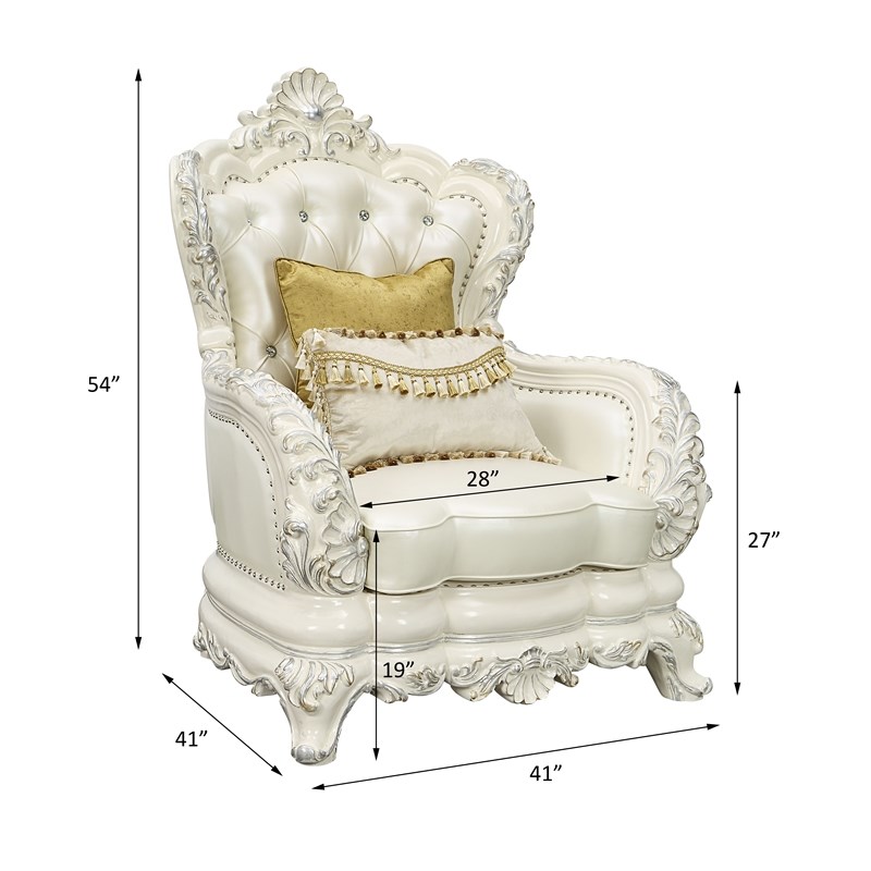 ACME Adara Tufted Faux Leather Chair with 2 Pillows in White and Antique White