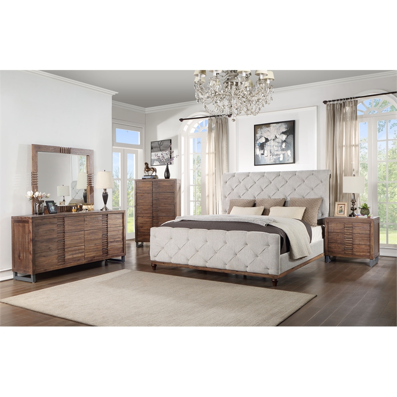 ACME Andria Tufted Fabric Eastern King Bed in Gray and Reclaimed Oak