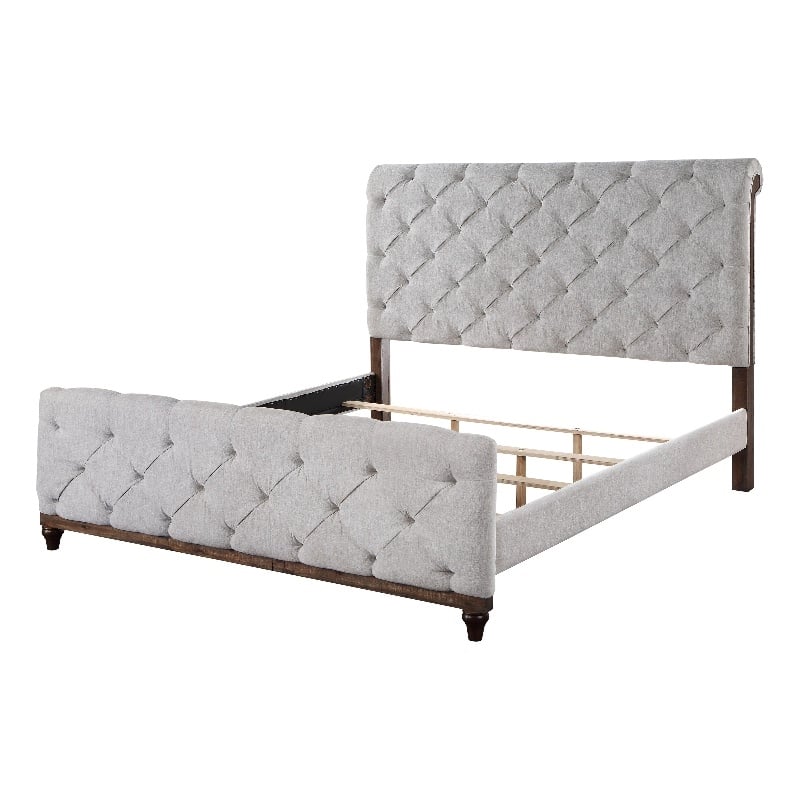 ACME Andria Tufted Fabric Eastern King Bed in Gray and Reclaimed Oak