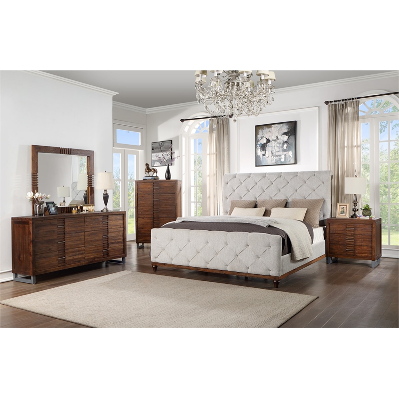 ACME Andria Tufted Fabric Queen Bed in Gray and Reclaimed Oak