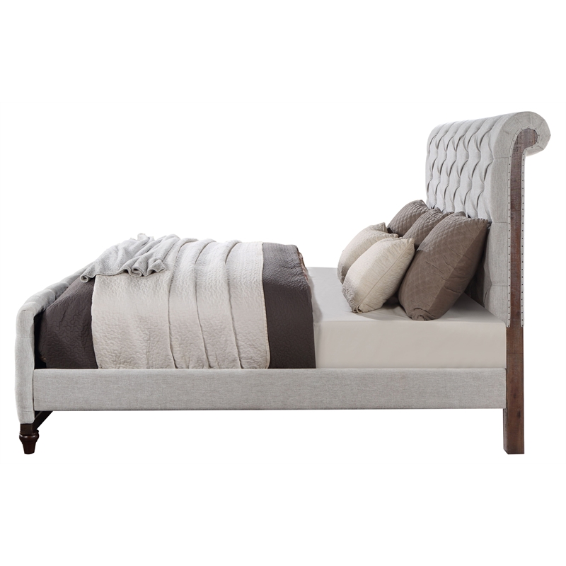 ACME Andria Tufted Fabric Queen Bed in Gray and Reclaimed Oak