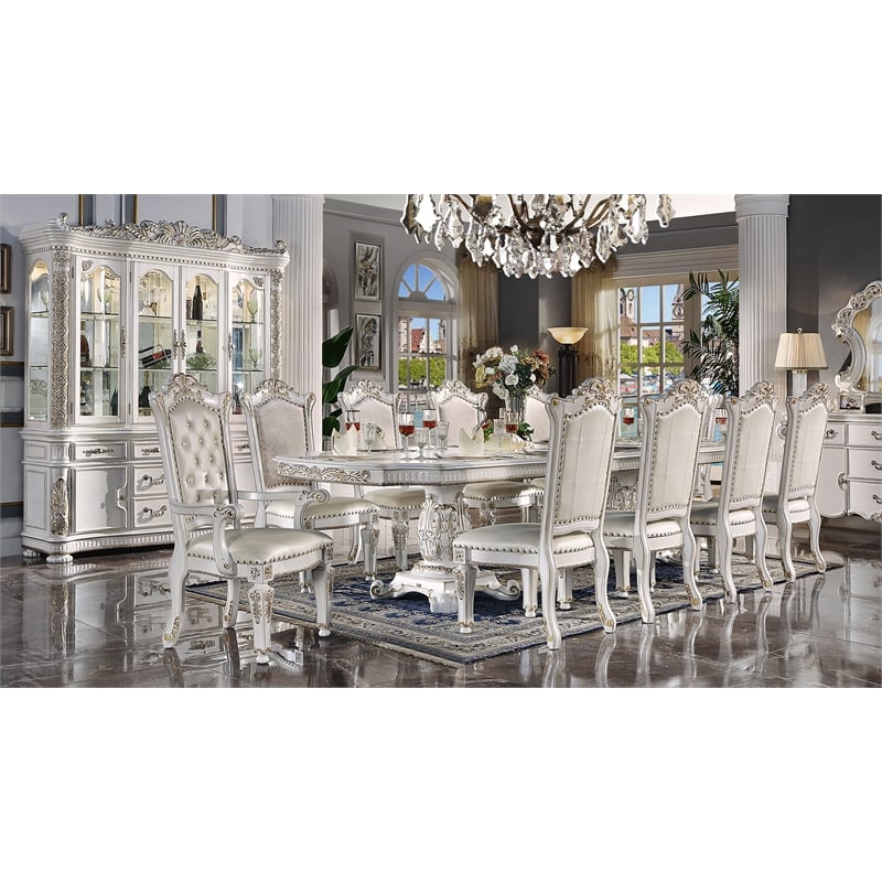 ACME Vendome Wooden Double Pedestal Dining Table in Antique Pearl and White