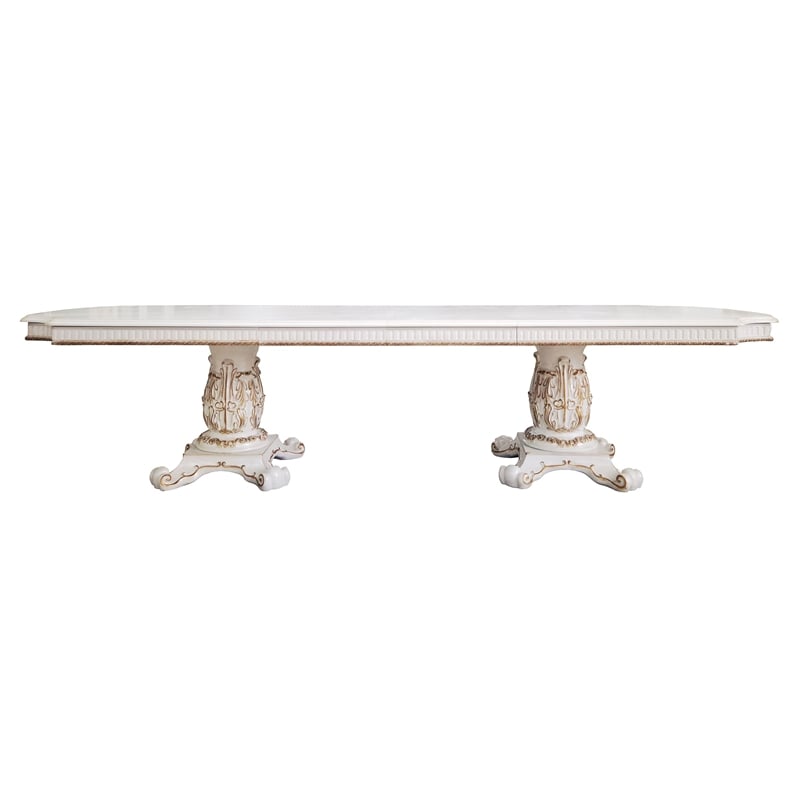 ACME Vendome Wooden Double Pedestal Dining Table in Antique Pearl and White