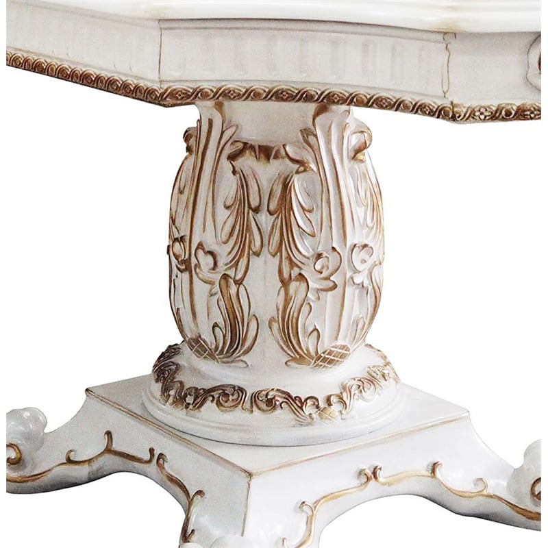ACME Vendome Wooden Double Pedestal Dining Table in Antique Pearl and White