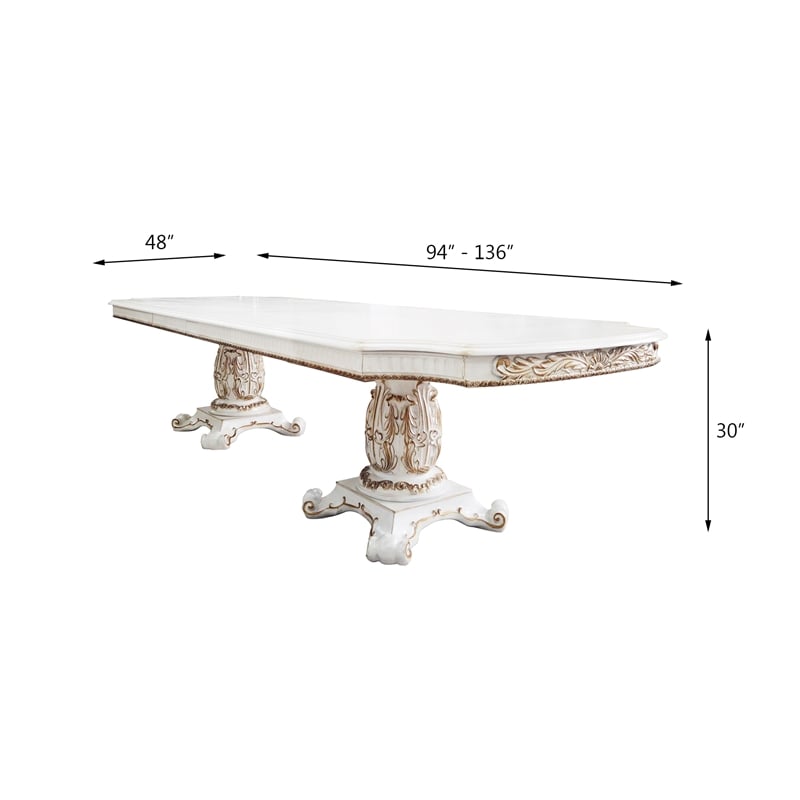 ACME Vendome Wooden Double Pedestal Dining Table in Antique Pearl and White
