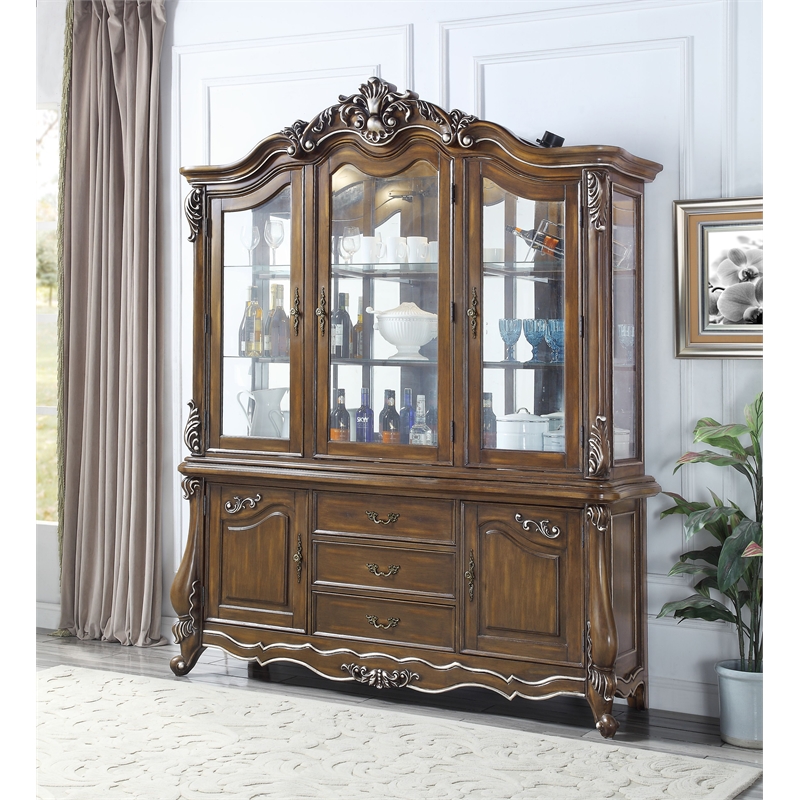 ACME Latisha Wooden Hutch and Buffet with Glass Doors in Antique Oak