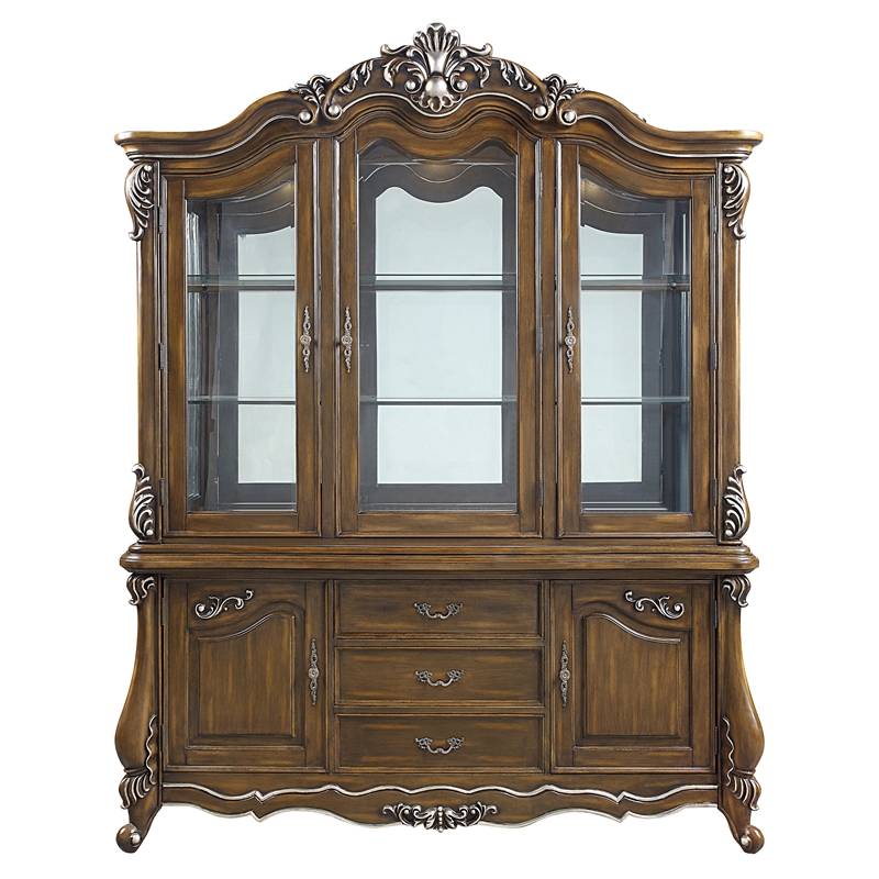 ACME Latisha Wooden Hutch and Buffet with Glass Doors in Antique Oak