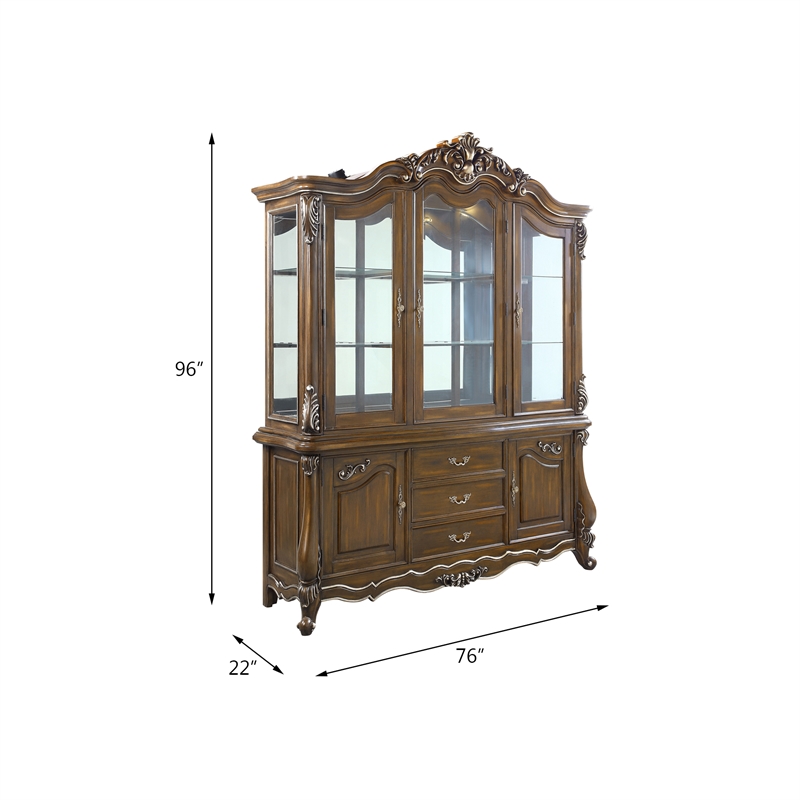 ACME Latisha Wooden Hutch and Buffet with Glass Doors in Antique Oak