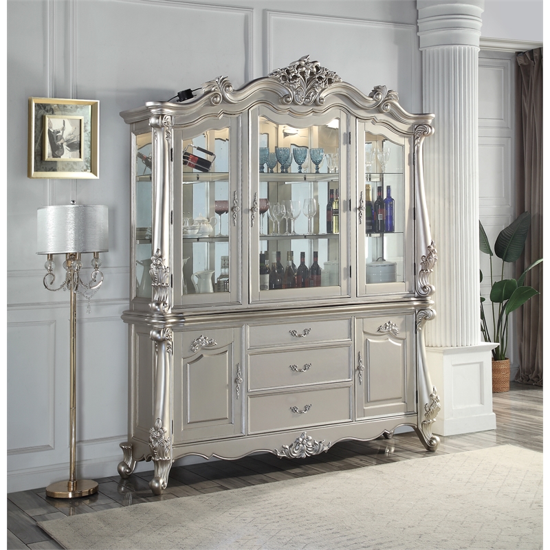 ACME Bently Wooden Hutch and Buffet with Glass Doors in Champagne
